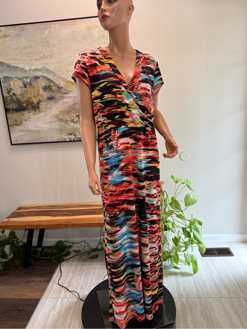 Cato Multi-Color maxi dress xl v neck stretchy cap sleeves will fit 1x stunning